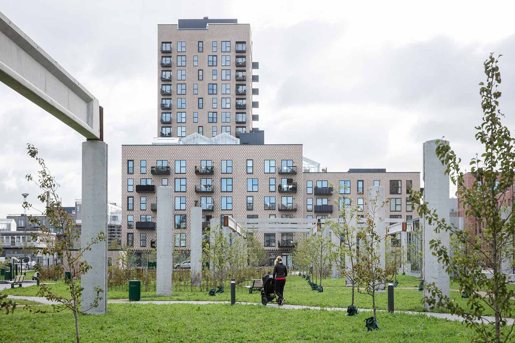 Houses and a park in the urban district Grønttorvet in Copenhagen