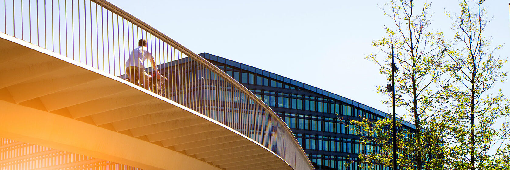A man biking on a bridge in the sunlight