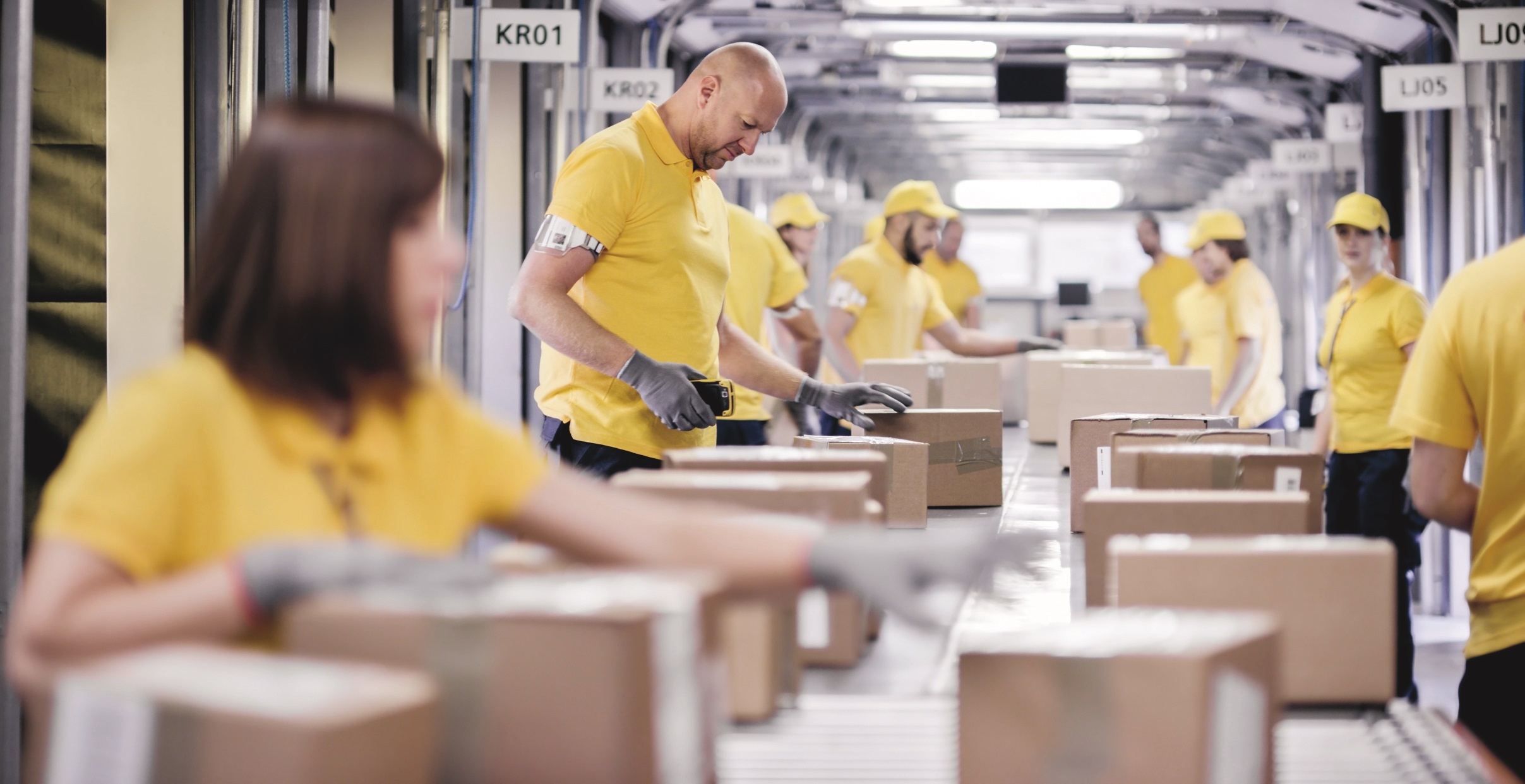 Coworkers standing in two rows handling lots of parcels