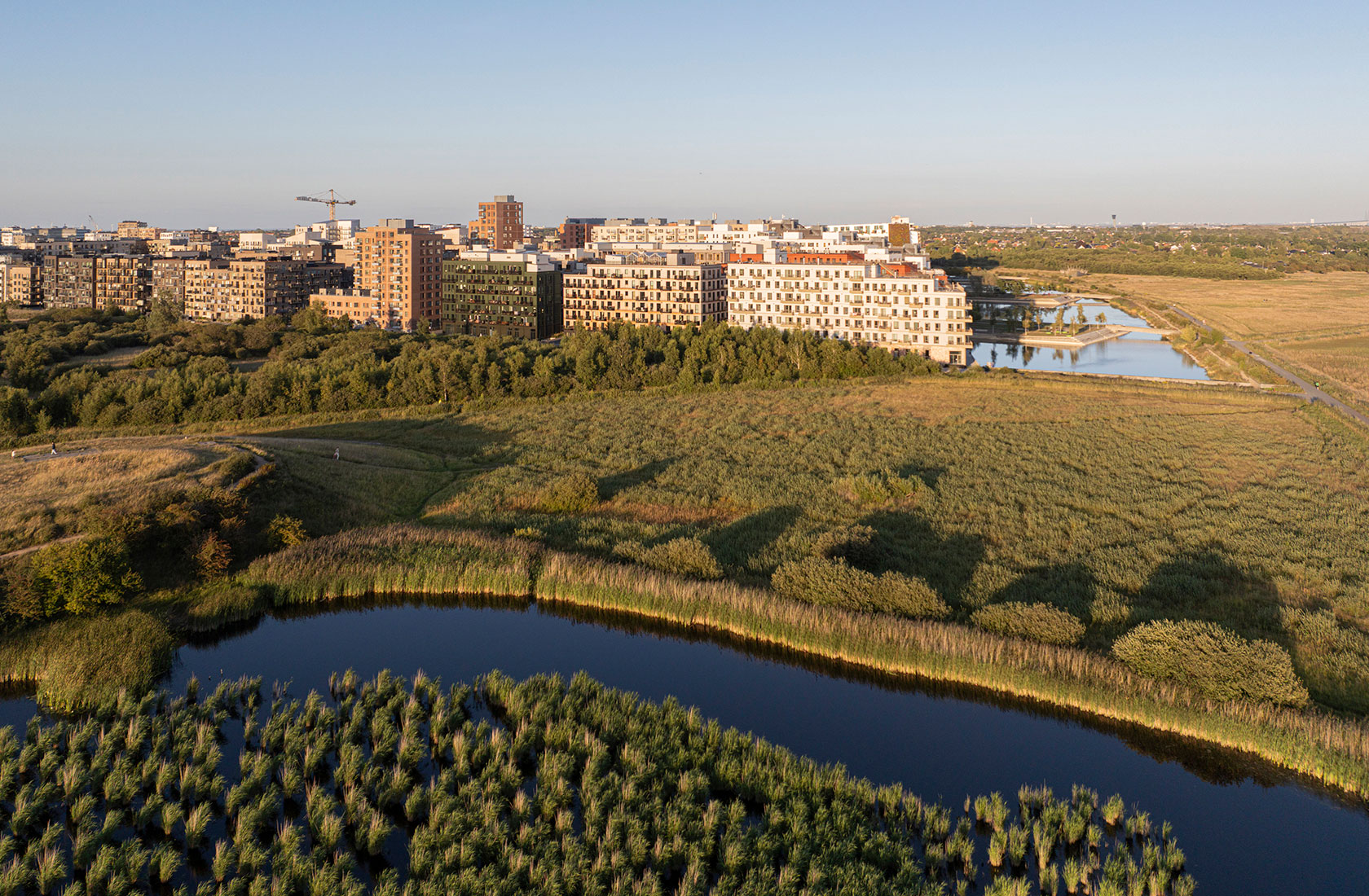 Aerial view of residential buildings near wetland area with ponds and greenery at sunset.