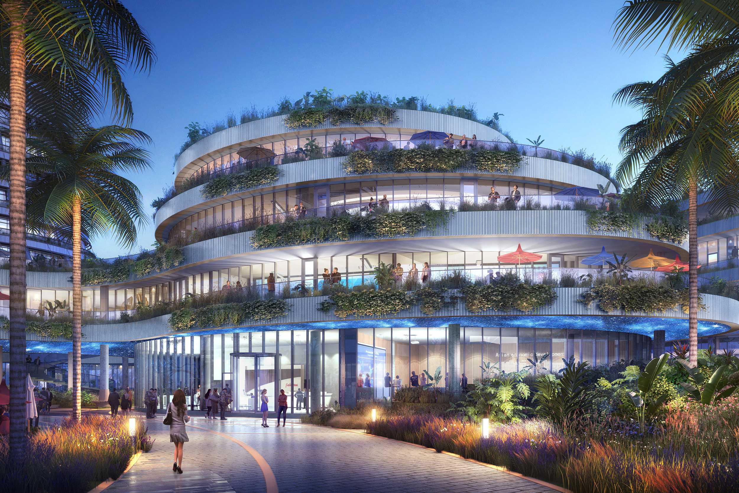 Hi tech park street with poeple and palm trees night view