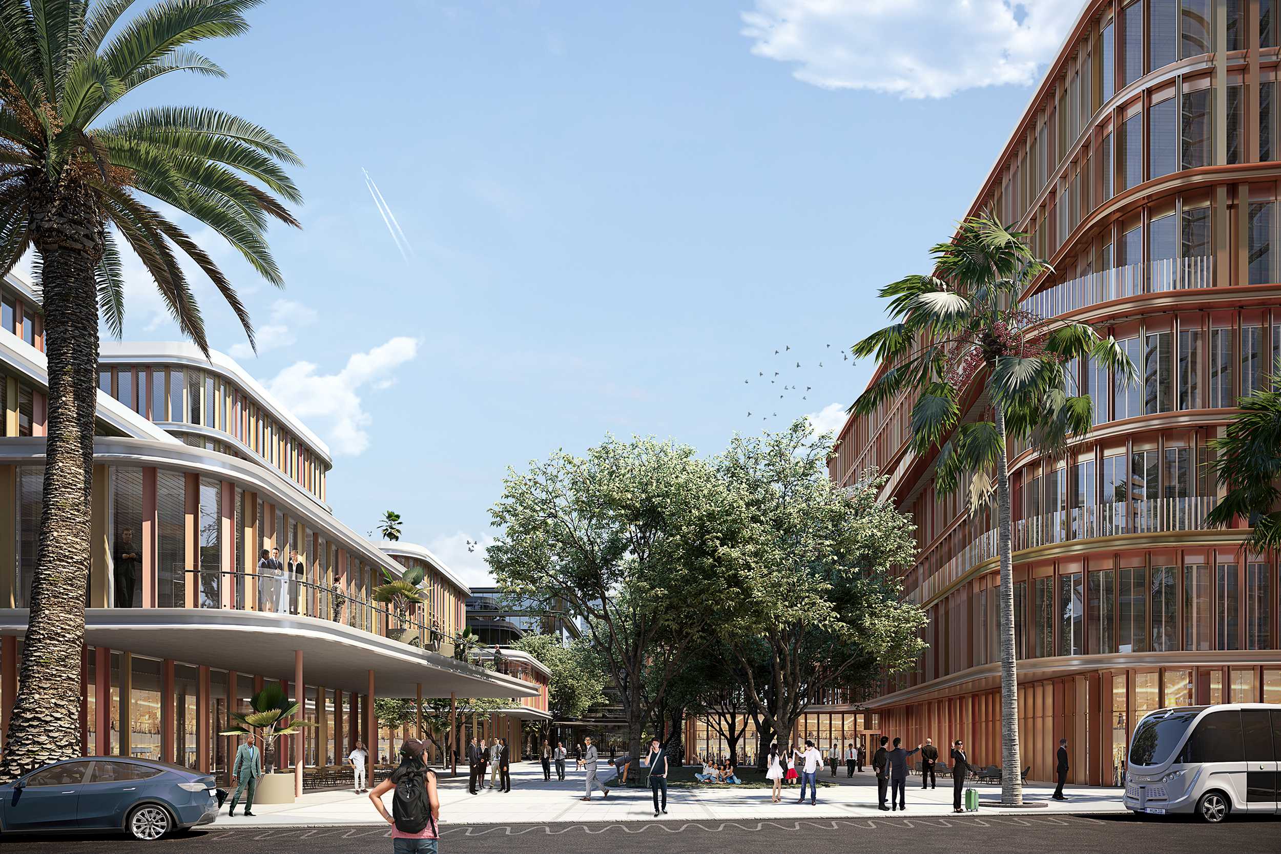 Hi tech park street with poeple and palm trees