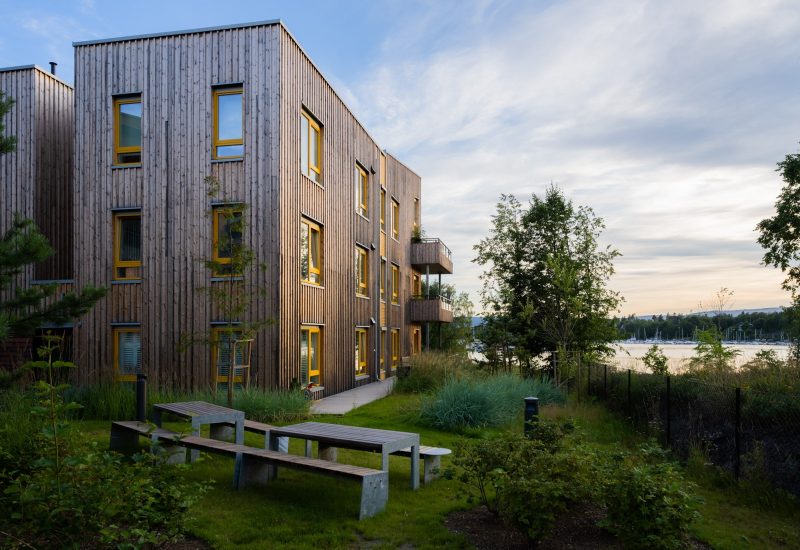 A house of wood with flats sorrounded by green grass and sea view