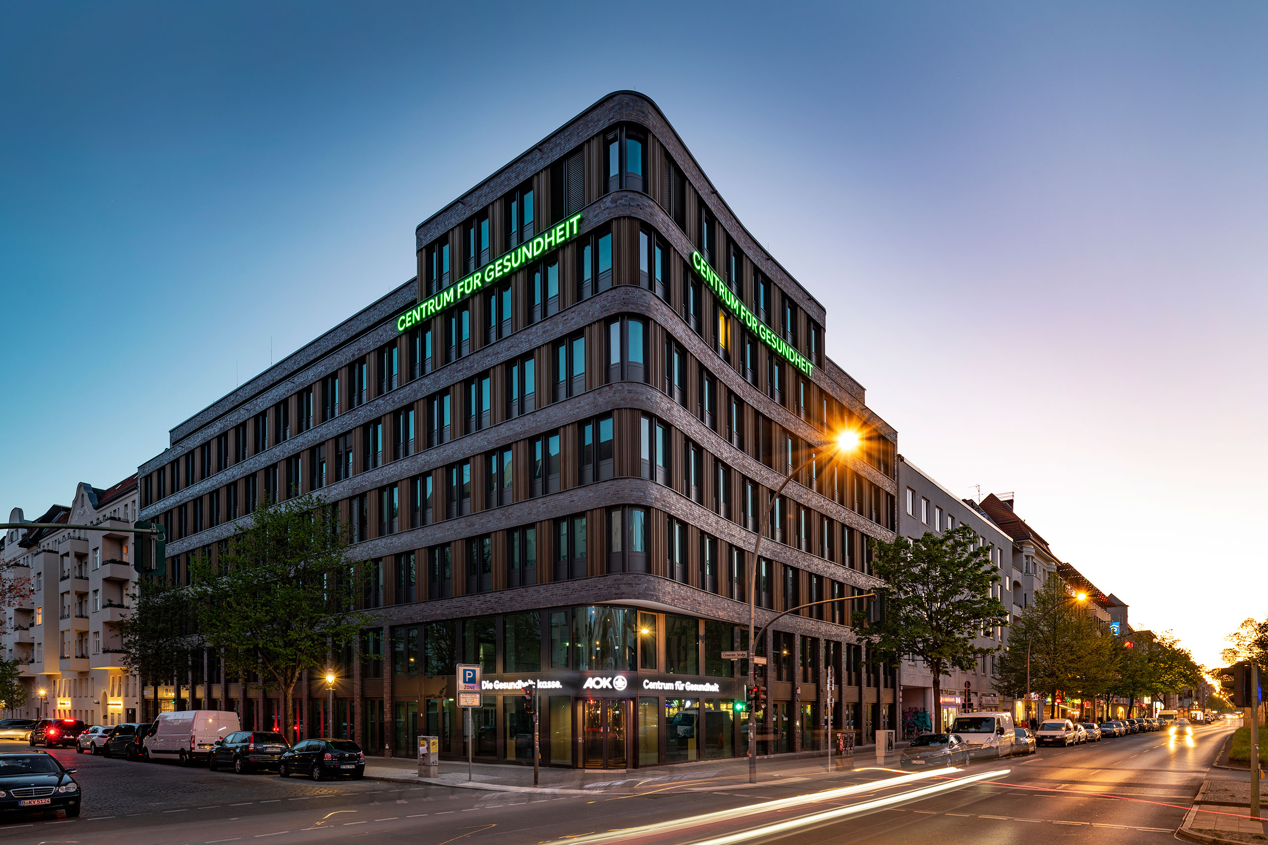 Sunset over building AOK Berlin