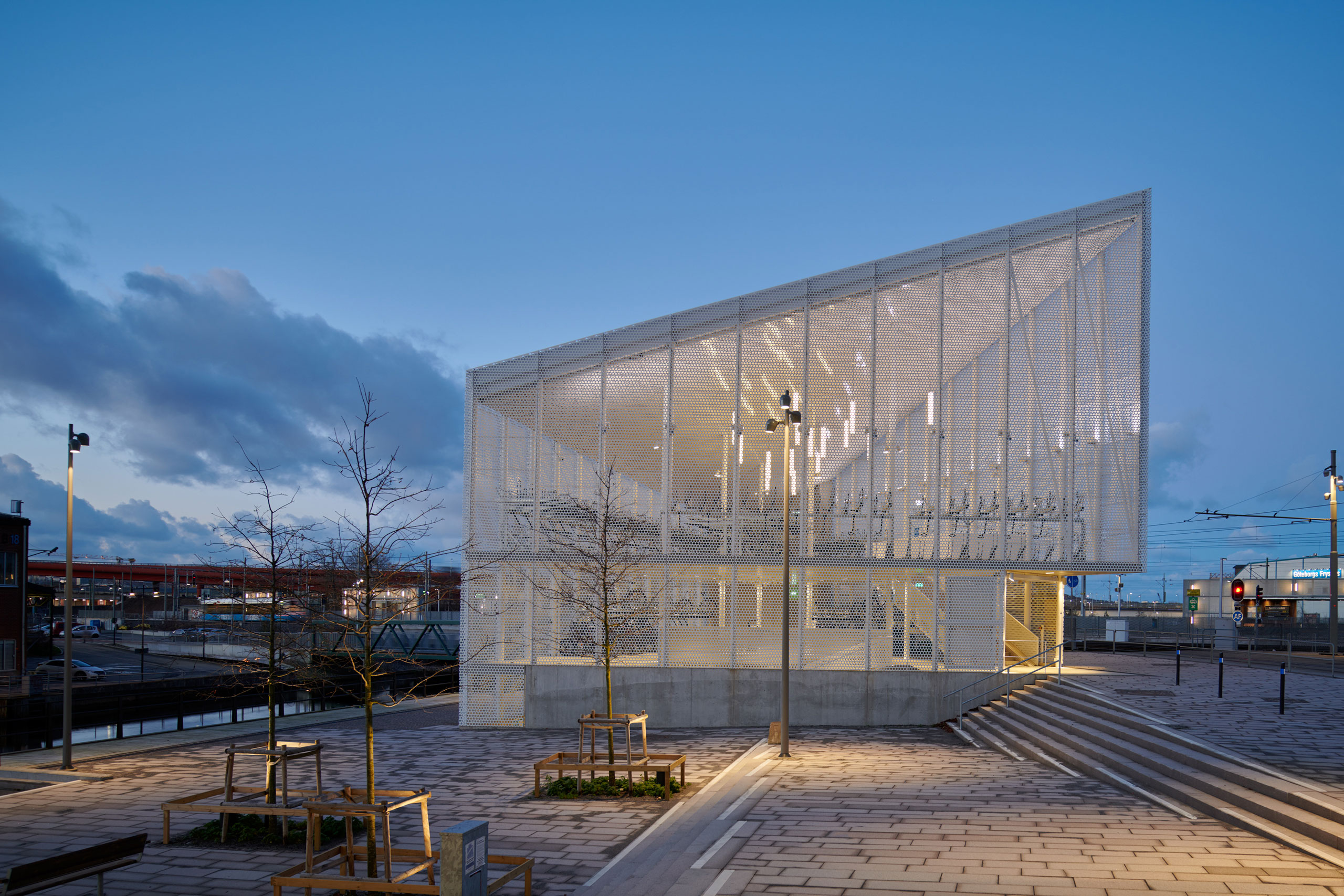 A building dedicated to bicycle parking night time