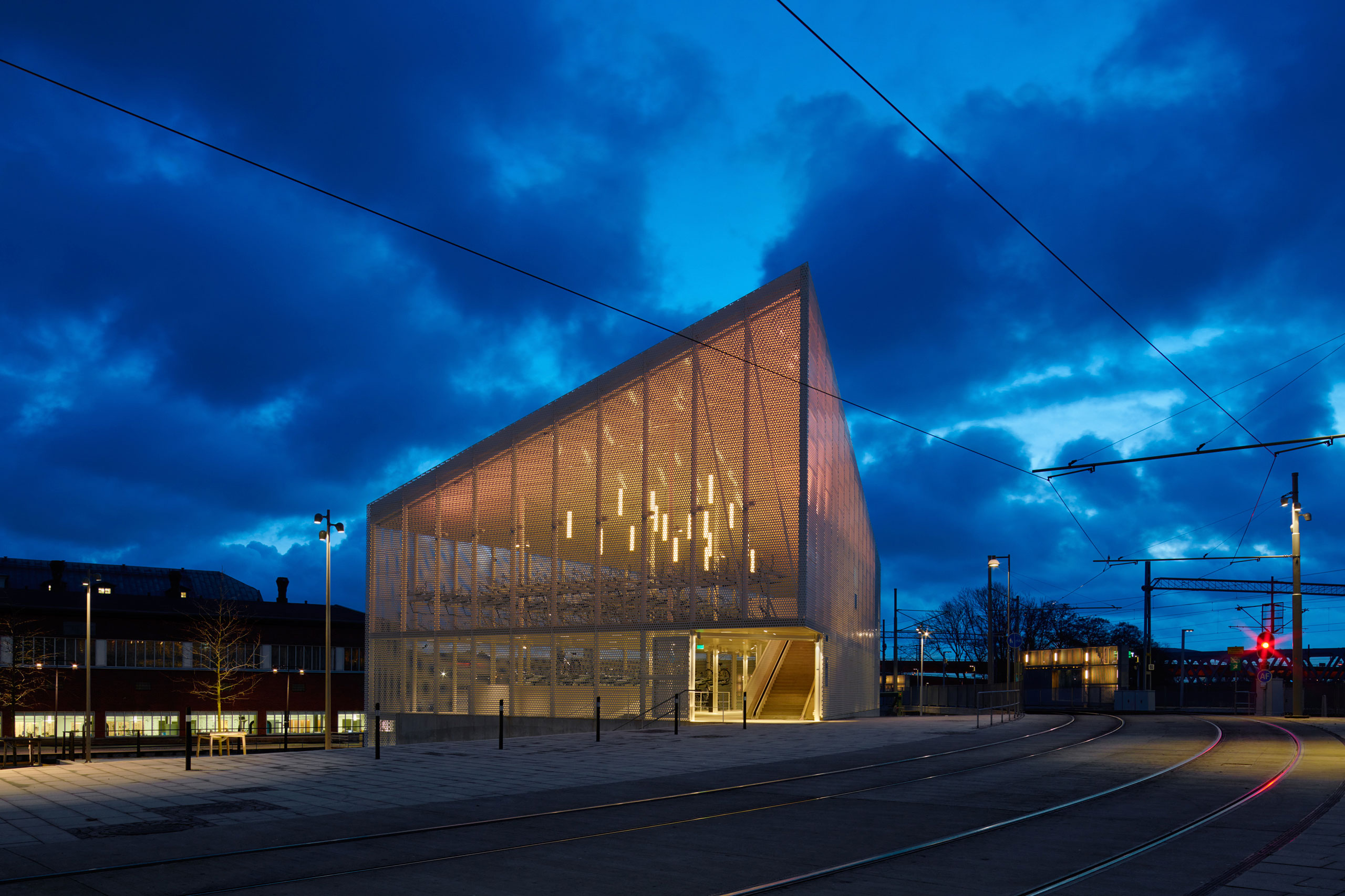 A building dedicated to bicycle parking night time