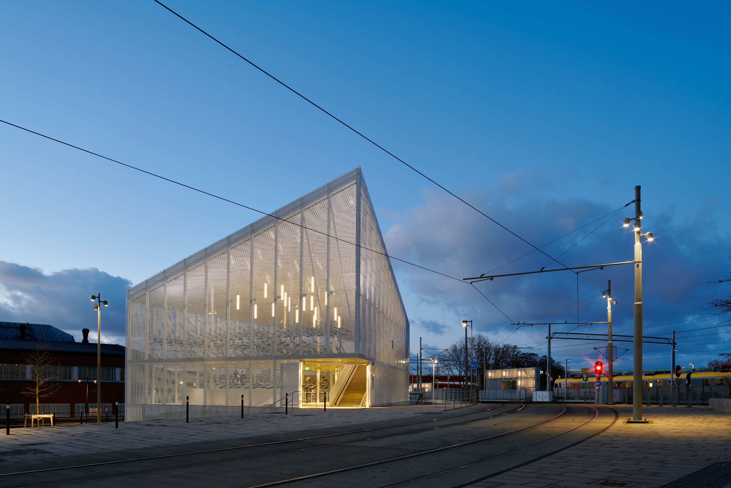 A building dedicated to bicycle parking night time