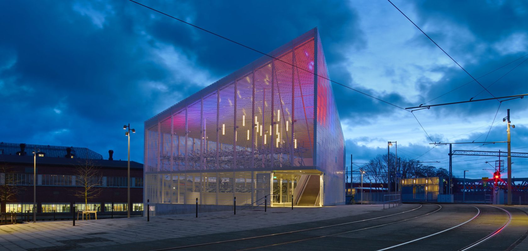A building dedicated to bicycle parking night time