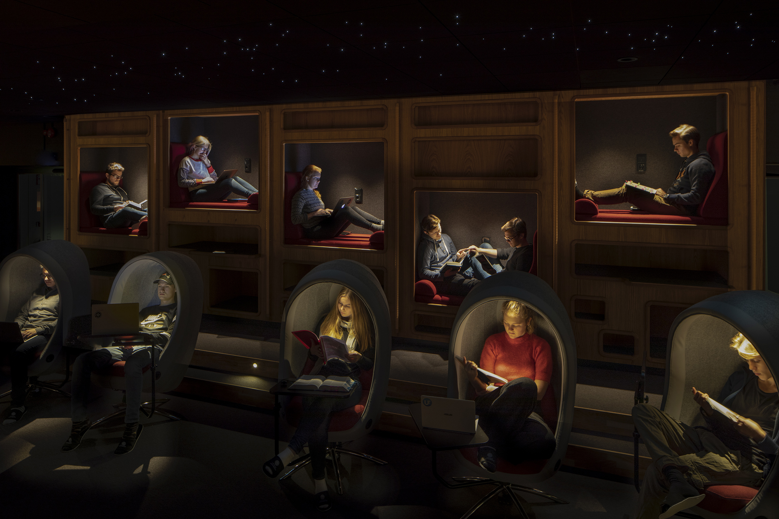 A tranquil study space with students in Ekonomikum at Uppsala University
