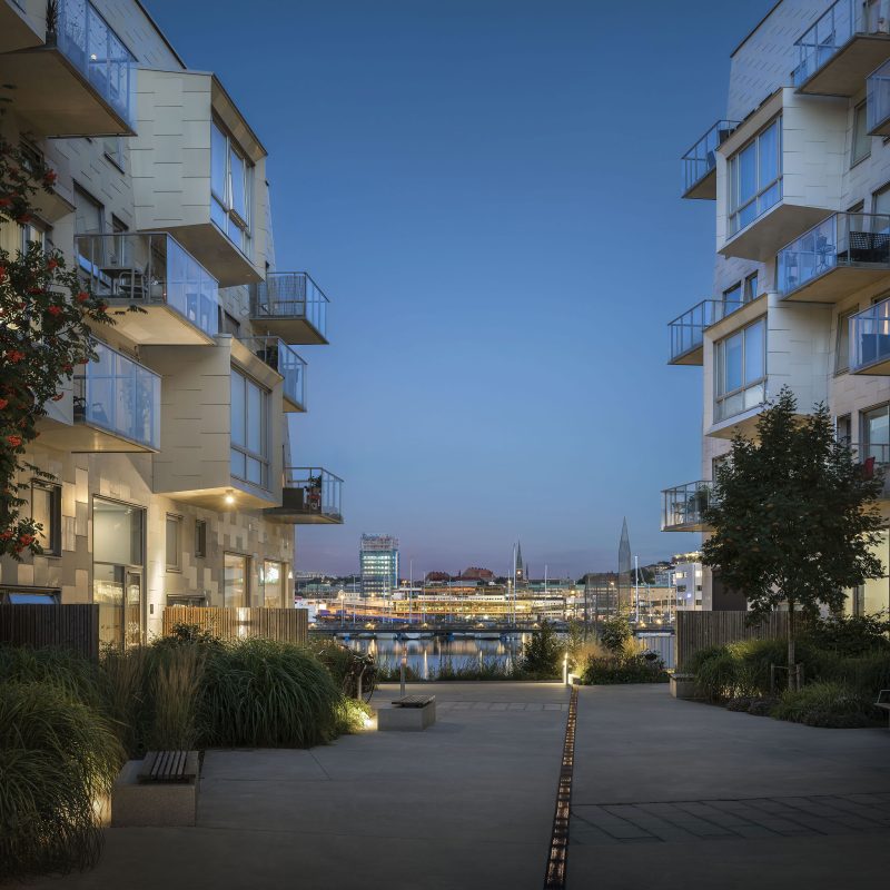 a housing area at night