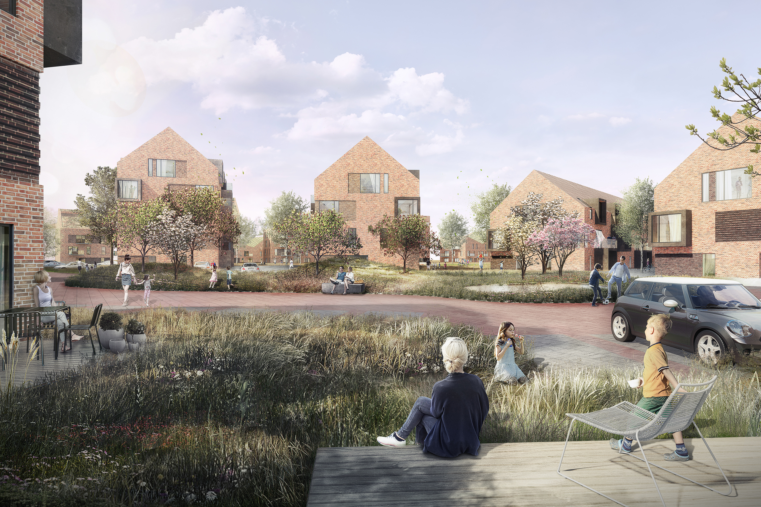 Vision of a housing area with people and green areas