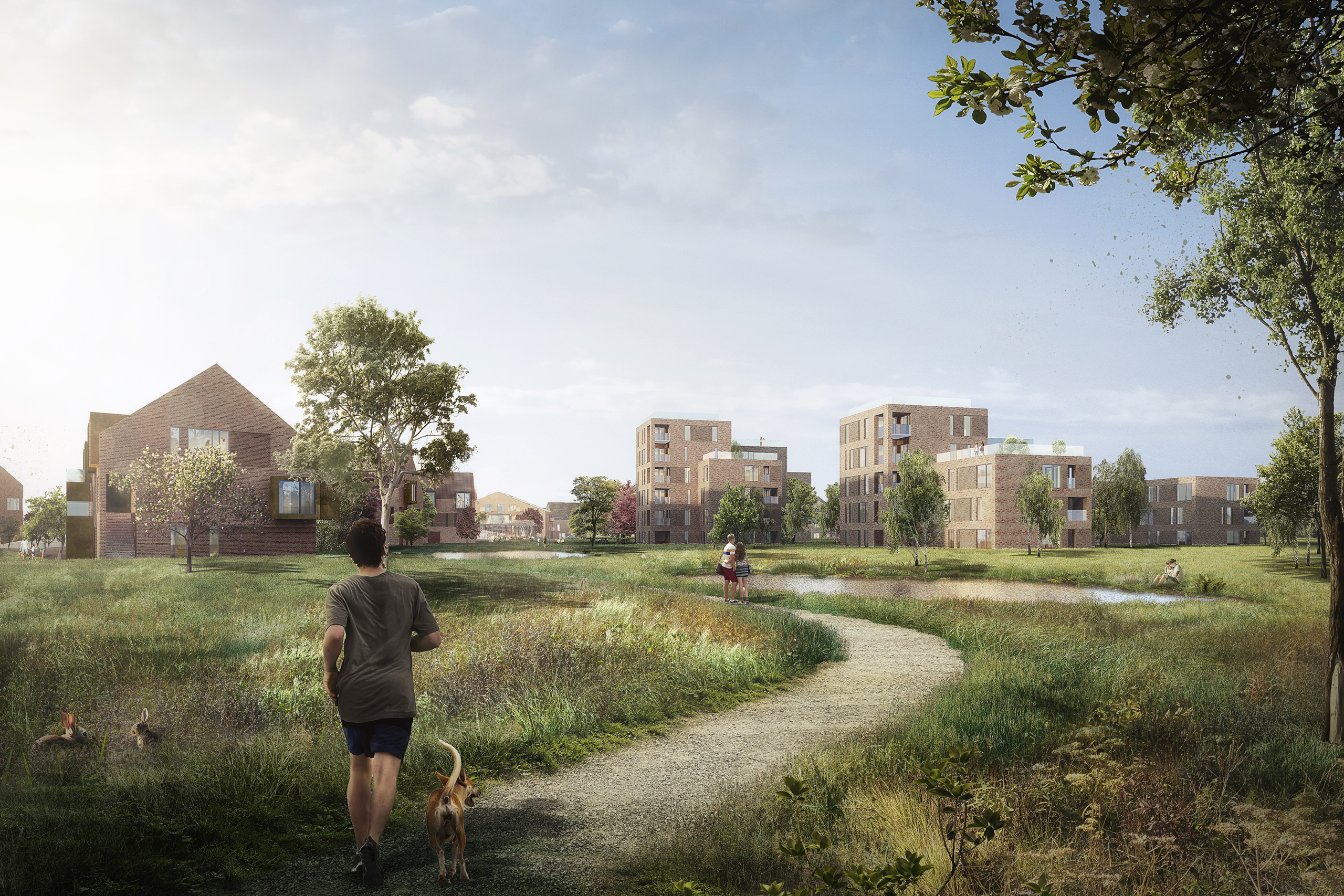 Vision of a housing area with people and green areas