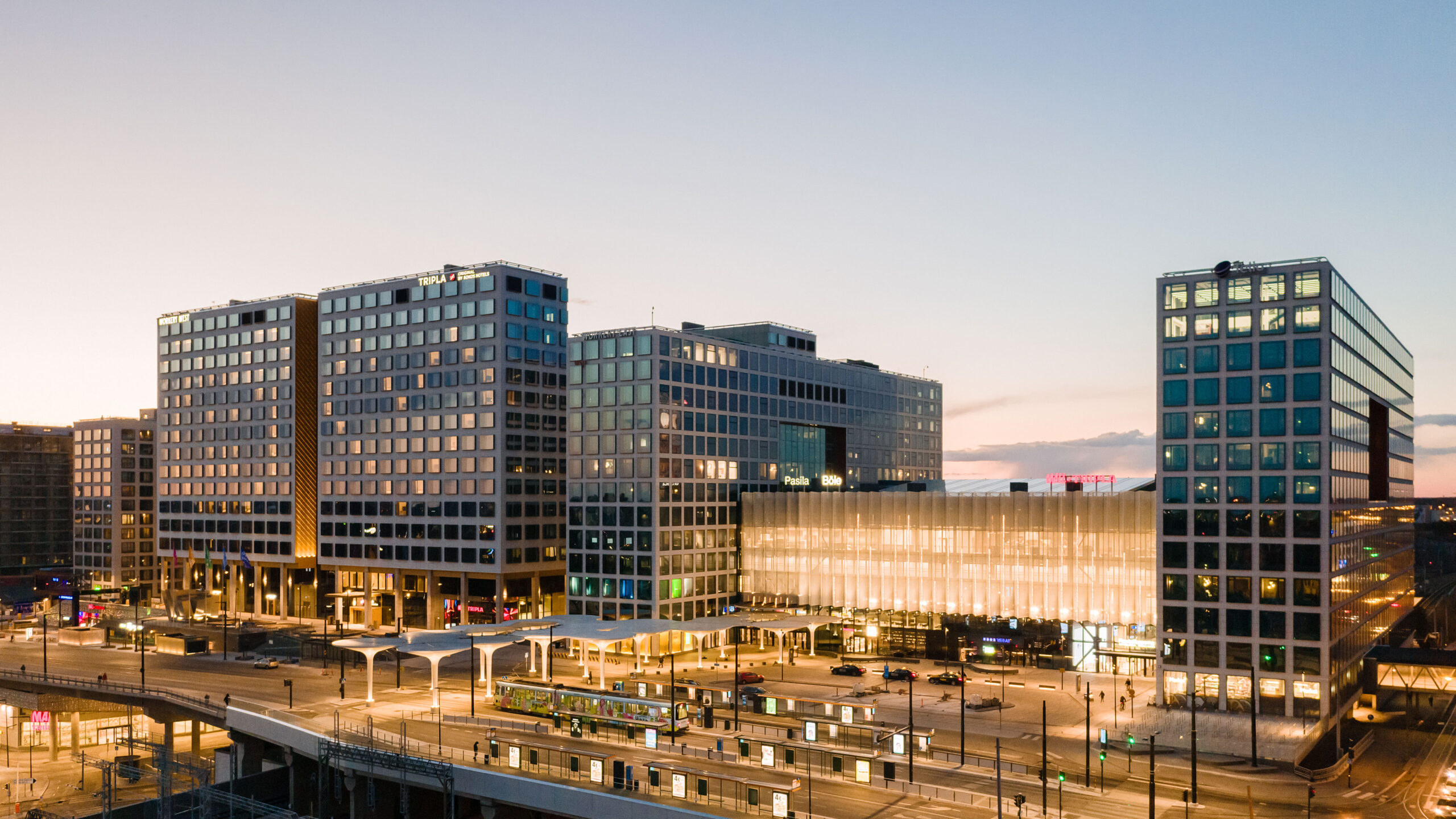 Tripla station in Helsinki exteriors night view