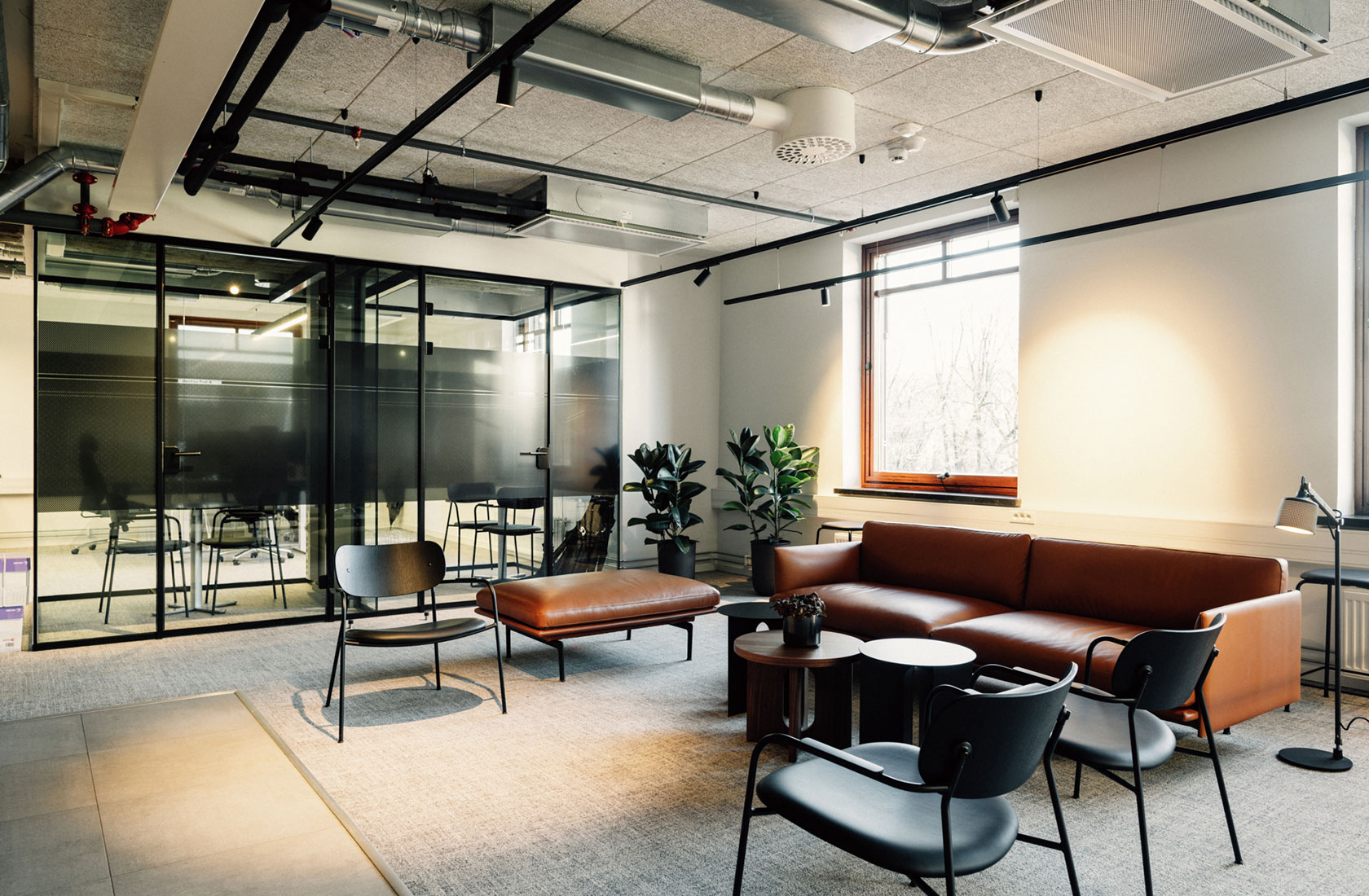 Office space with conference room behind glass walls in the background and a lounge space with a brown sofa and some black chairs.