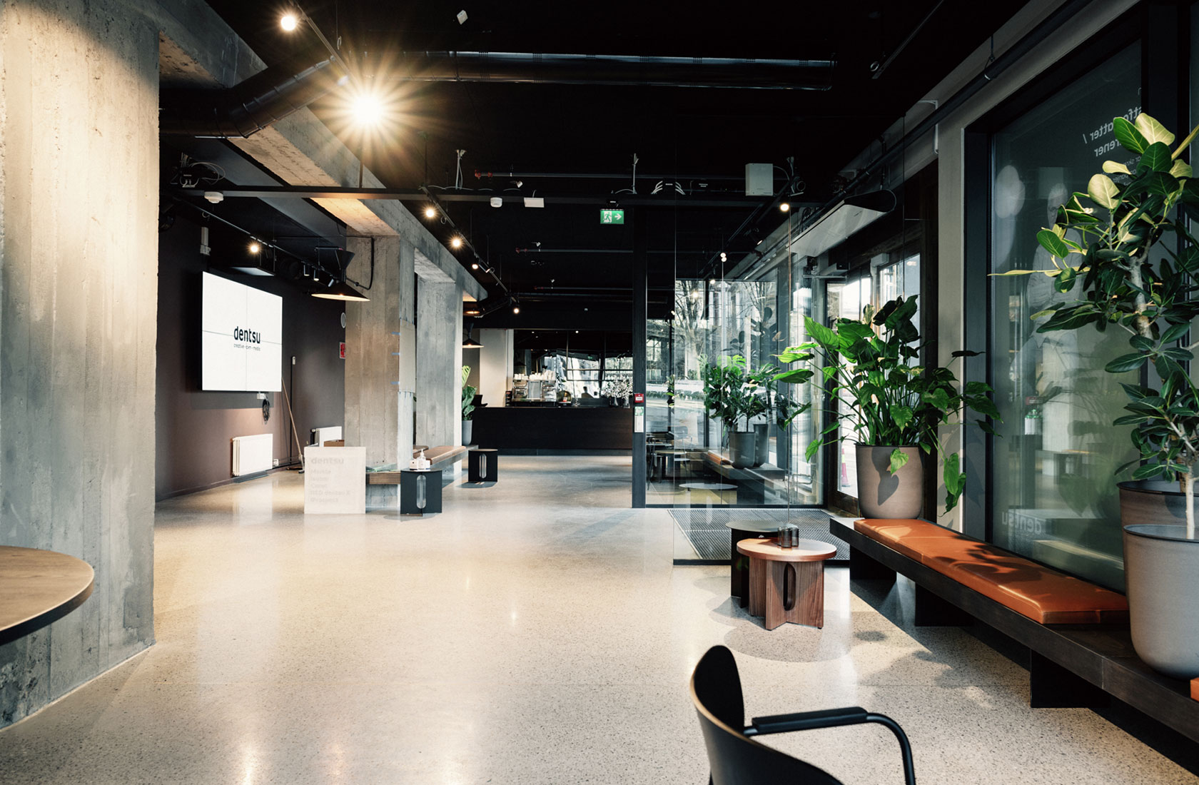 Office space with walls of concrete, grey floor, a big screen on the left side. Big green plants and a bench.