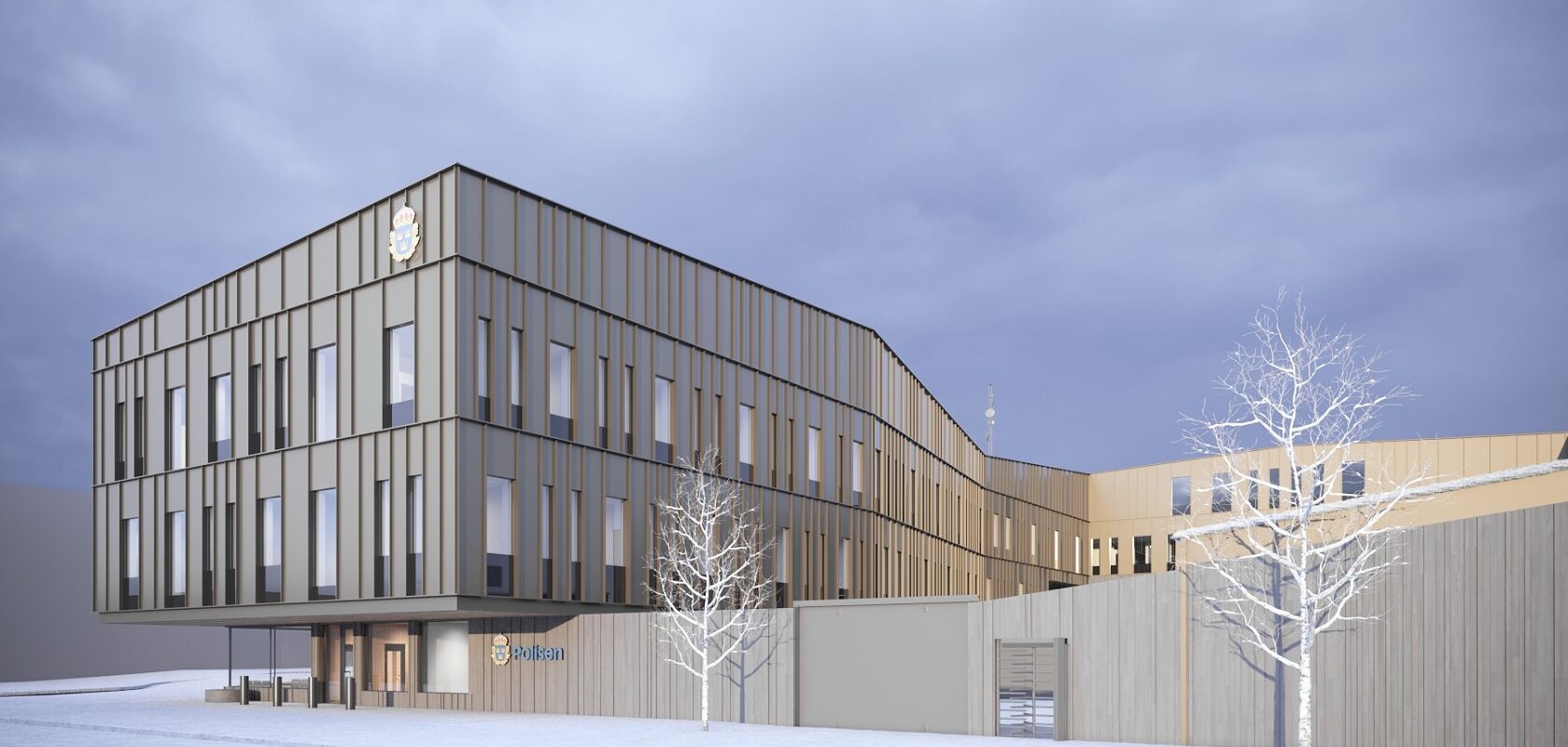 Visualization of a police station, a three to four storey building with a beige façade.