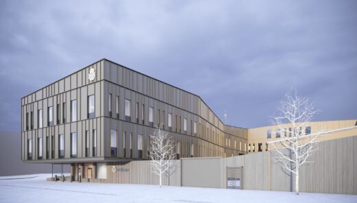 Visualization of a police station, a three to four storey building with a beige façade.