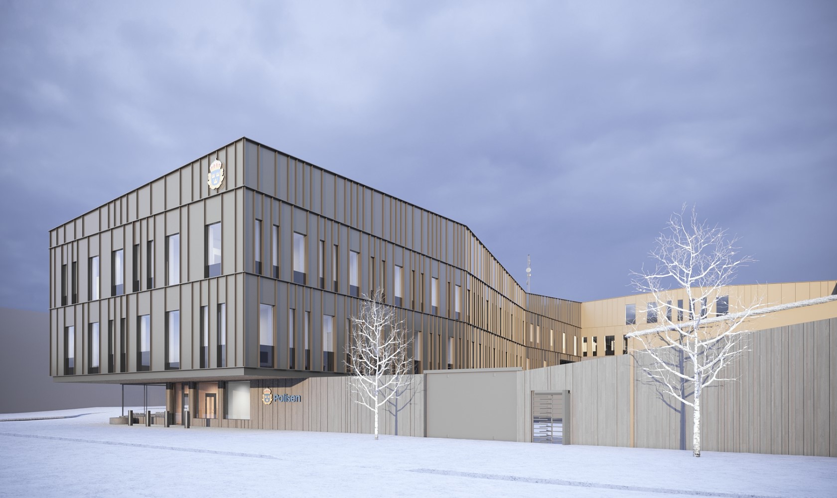 Visualization of a police station, a three to four storey building with a beige façade.