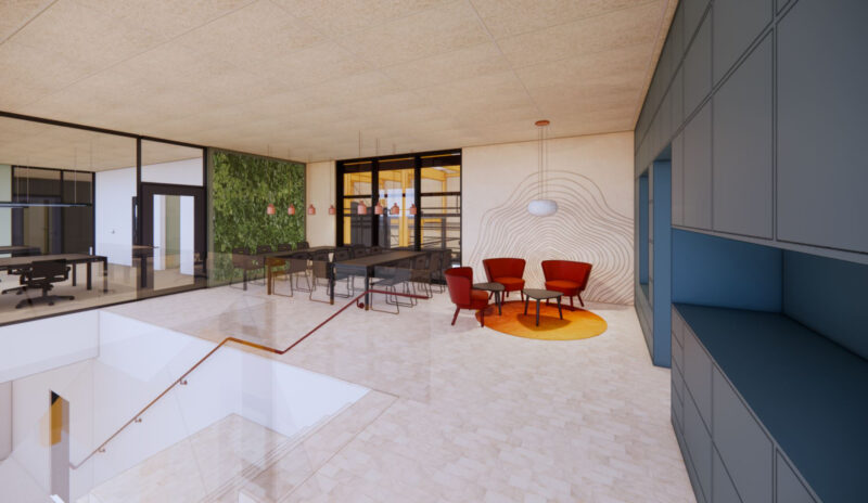 Visualization of a lounge area where a staircase leading to the floor below can be seen on the left. Blue kitchen cabinets are on the right, and further away, there is a seating area with a table and chairs.