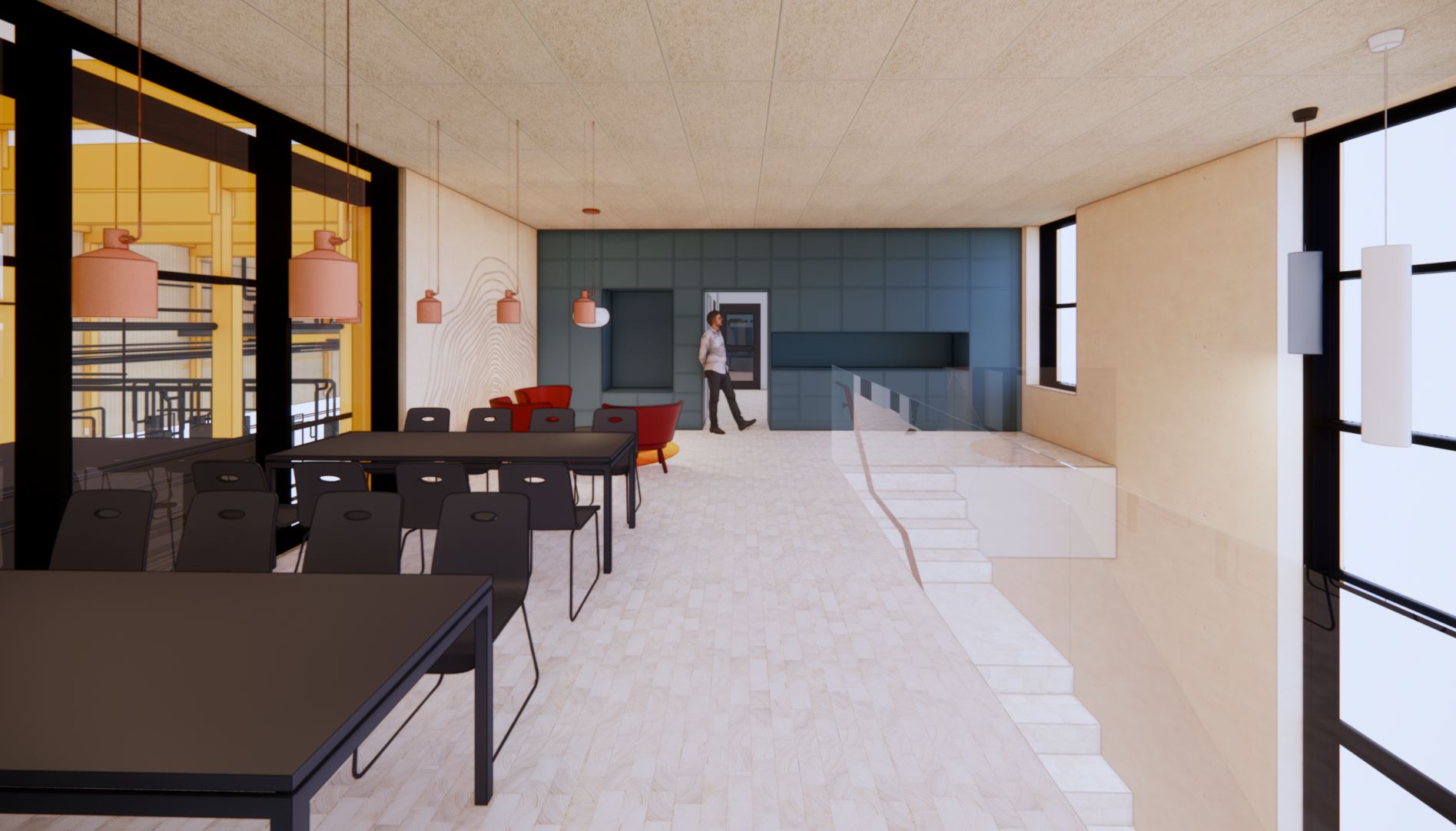 Visualization of a dining room with chairs and tables in a darker material on the left, and at the bottom of the room, blue kitchen cabinets can be seen.