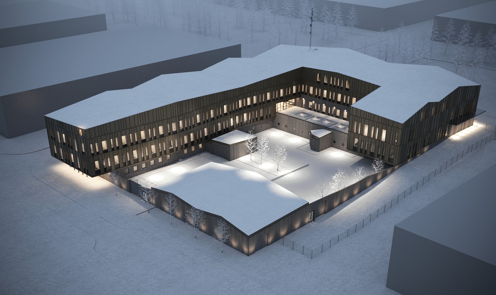Bird's-eye view visualization of a police station in a winter landscape. The building, which is L-shaped with an inner courtyard, is three to four floors high with a beige facade.
