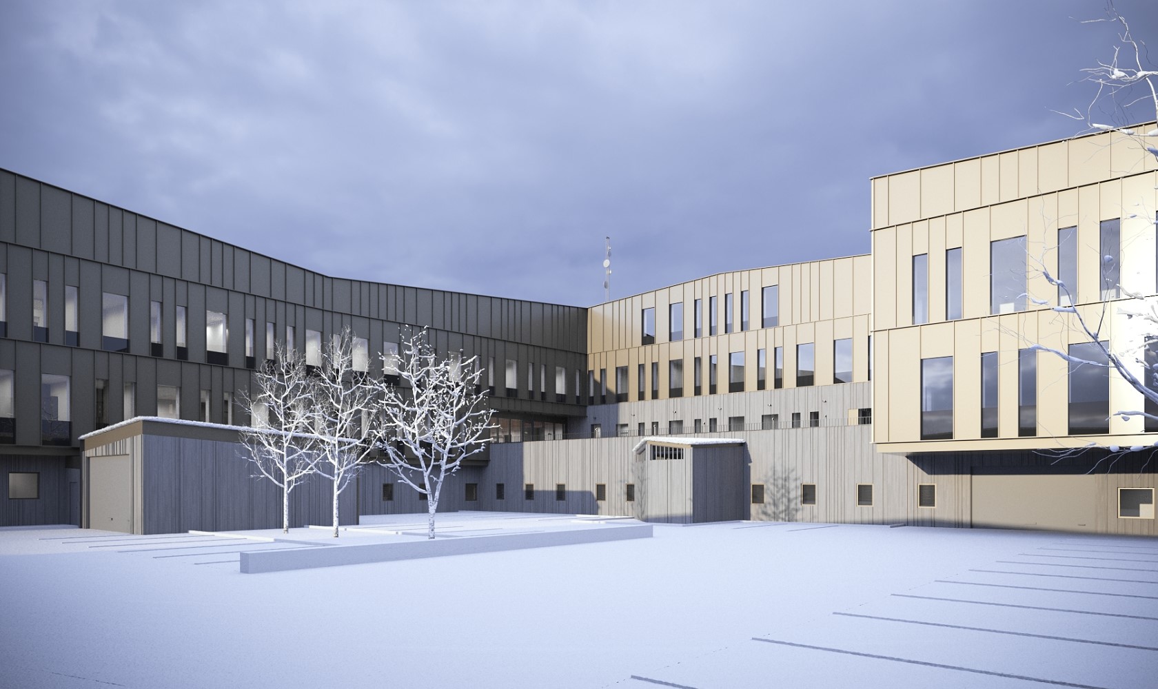 Visualization from the courtyard of a police station in a winter landscape. The three-story building has a beige facade.