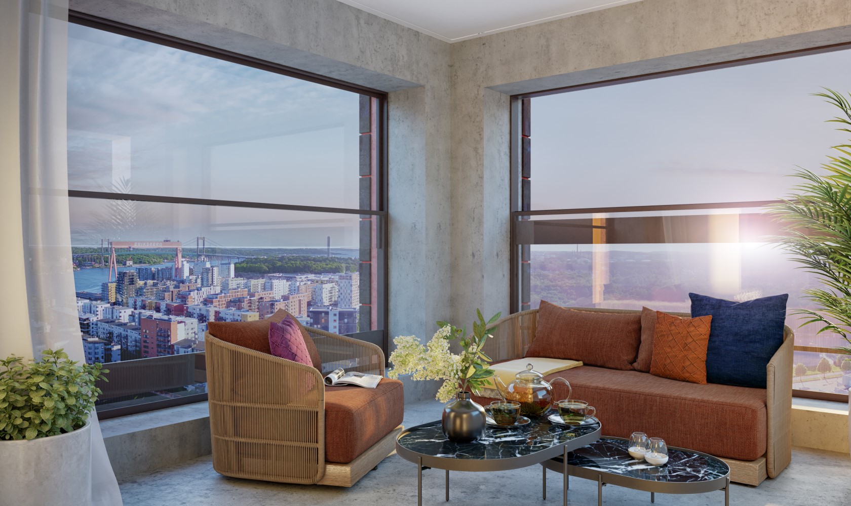 View from one of the upper floors of the 26-story high-rise residential building. Large glass surfaces showing a fantastic view, lounge furniture in brown tones, coffee table with coffee cups, large potted plants.