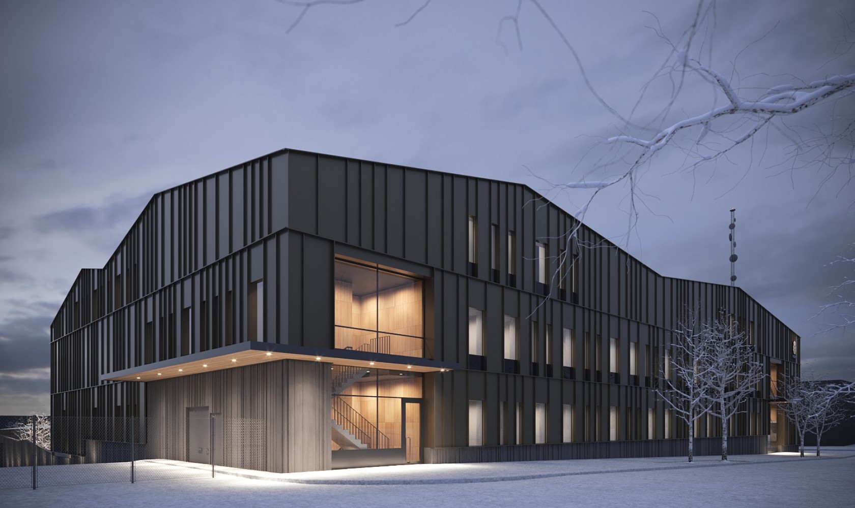 Visualization of the facade of a police station in a winter landscape. The three-story building has a larger glass section on the left, where you see stairs connect the floors. There is a smaller entrance on the ground floor.