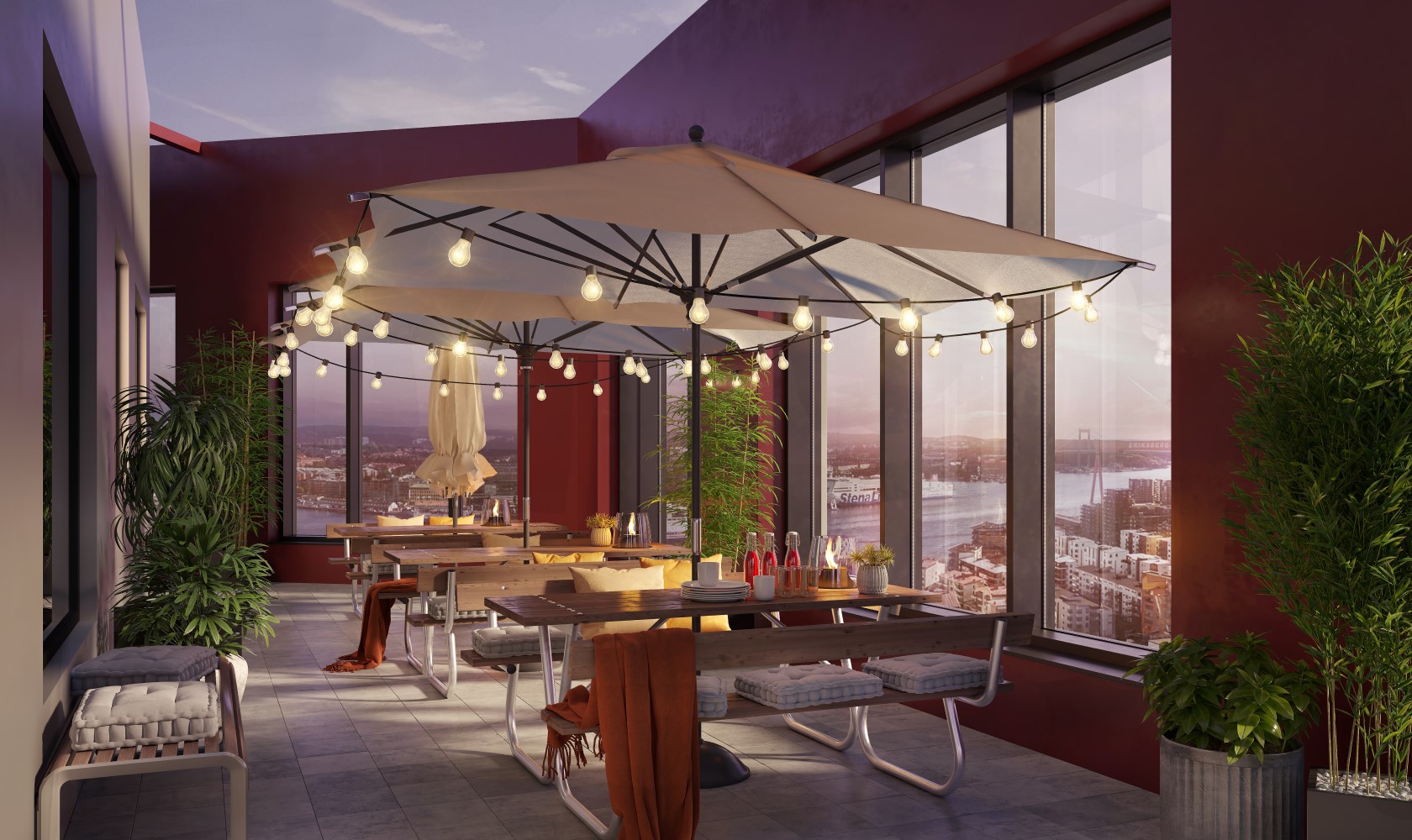 Glazed rooftop terrace from the 26-story high-rise residential building with three tables with accompanying benches and sun umbrellas with hanging light bulbs.