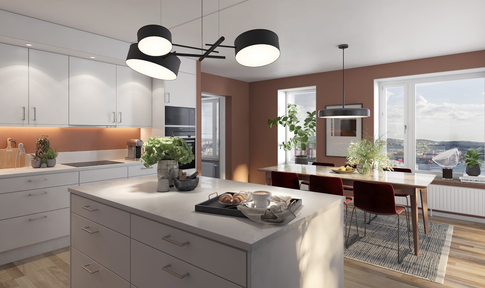 Interior image from a high-level apartment with a kitchen area. White kitchen cabinets and kitchen island, wooden dining table with six chairs, window showing a nice view.