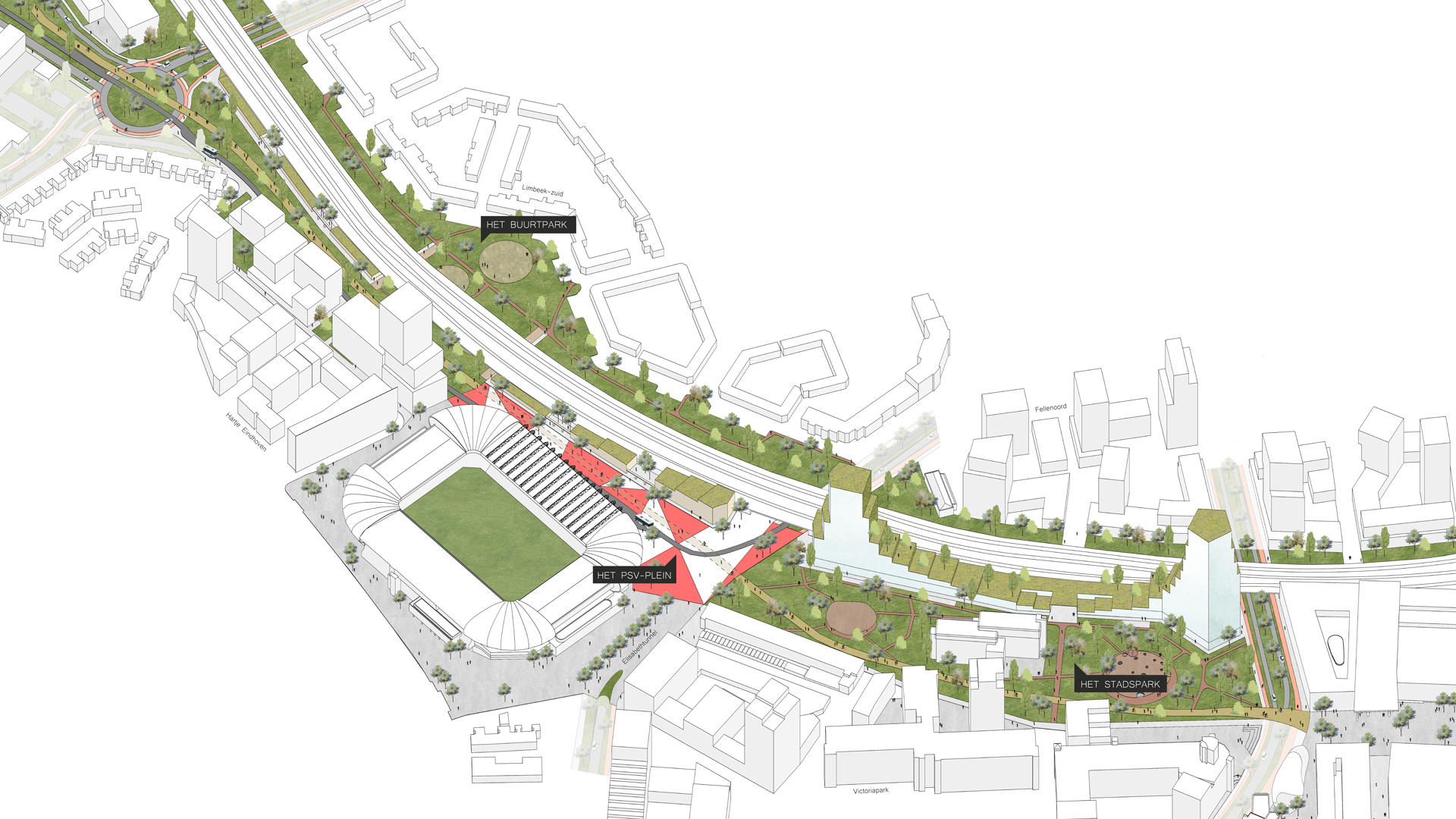 Ruff illustration of a transport route in an urban environment with lots of green areas.