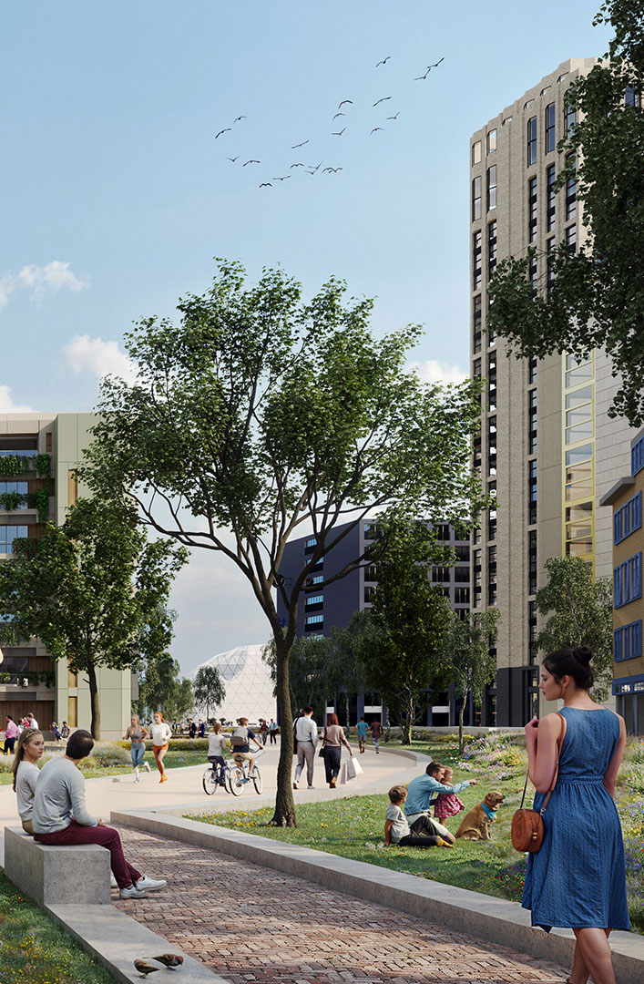Walk and bike path in park-like area with many people connection.