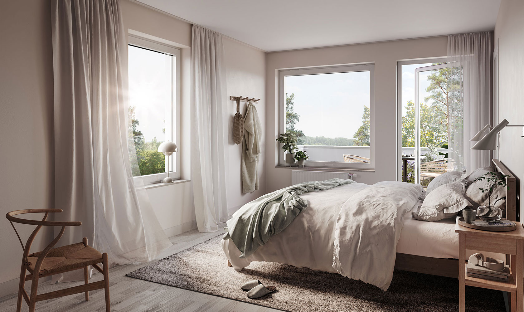 Visualisation of a bedroom in light beige tones with large windows.