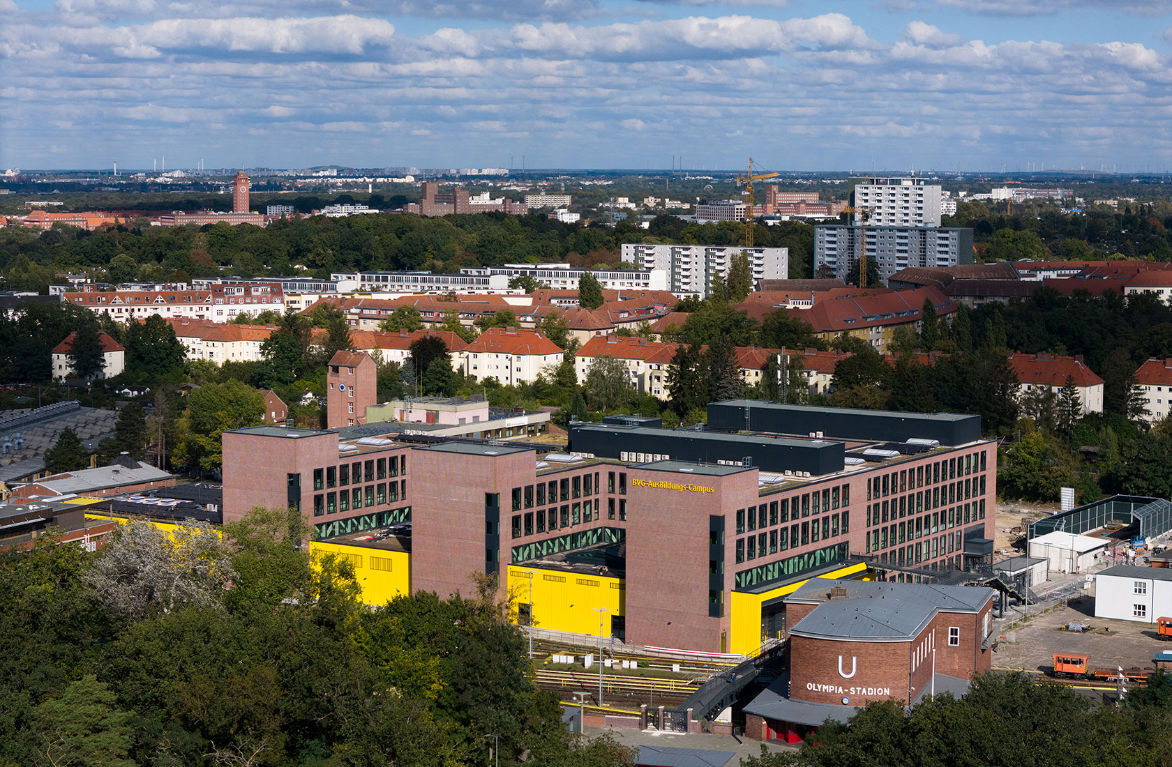 View angled from above of BVG's campus with the adjacent urban environment.