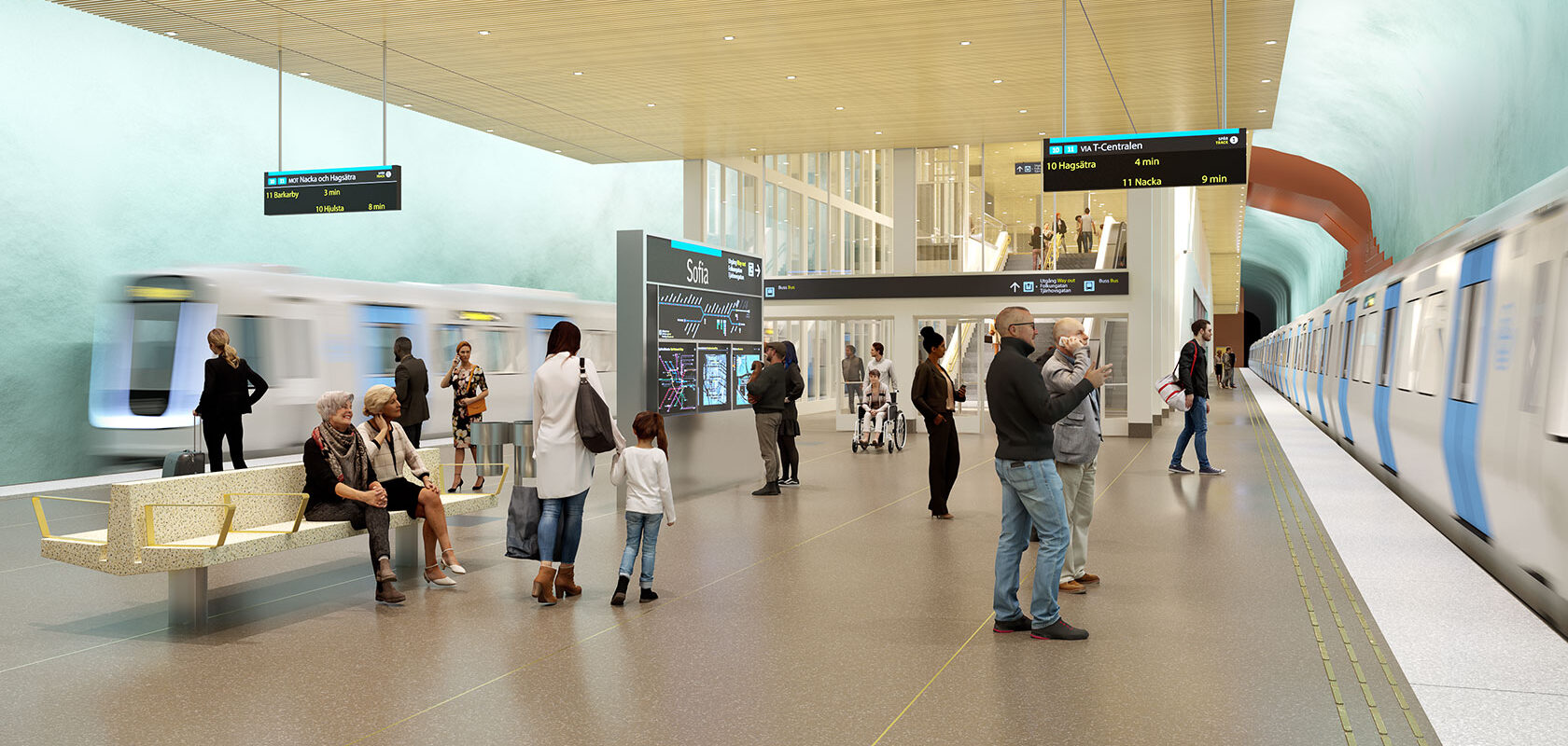 Visualization of a new modern subway platform with subway trains arriving from both directions and a number of people on the platform.