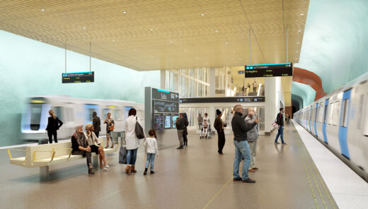 Visualization of a new modern subway platform with subway trains arriving from both directions and a number of people on the platform.