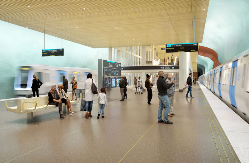 Visualization of a new modern subway platform with subway trains arriving from both directions and a number of people on the platform.