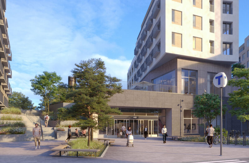 Visualization of the entrance to the subway station connected to a new modern residential building with several people in motion.