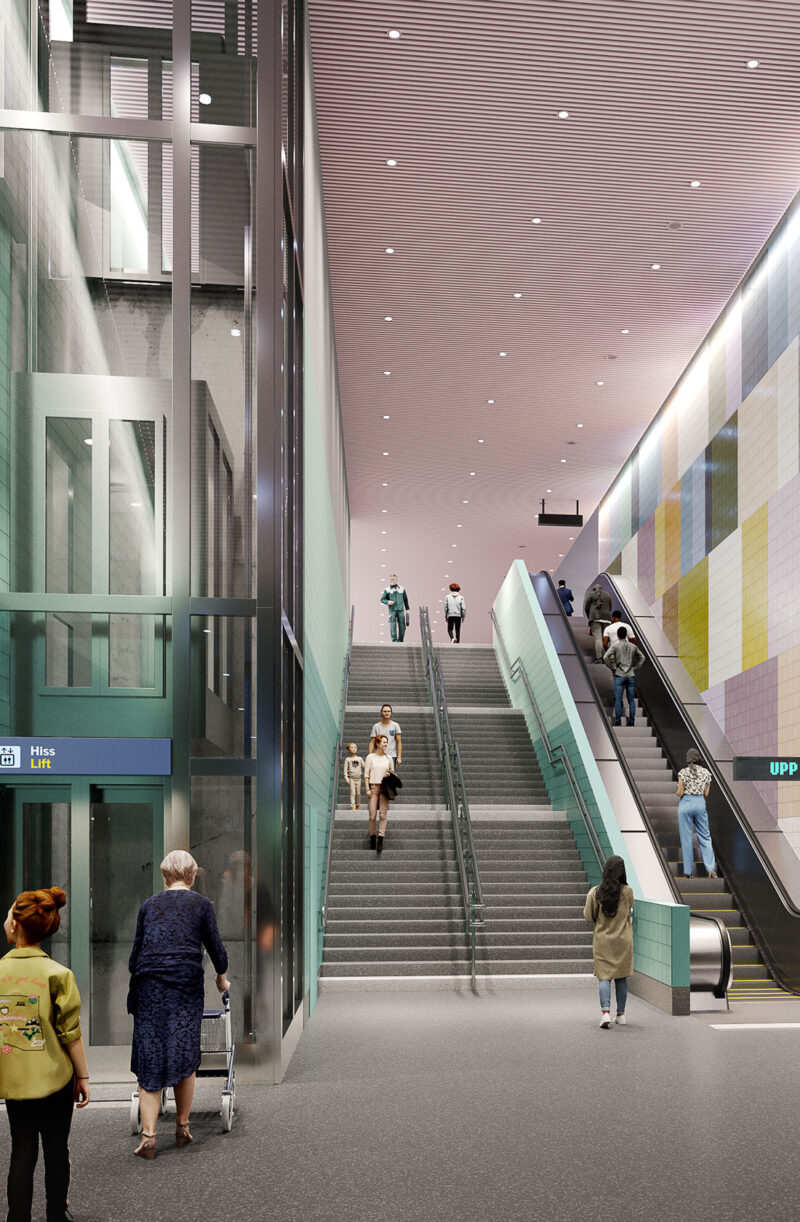 Visualization of an escalator, stairs, and elevator from the modern subway platform up to the exit with a number of people in motion