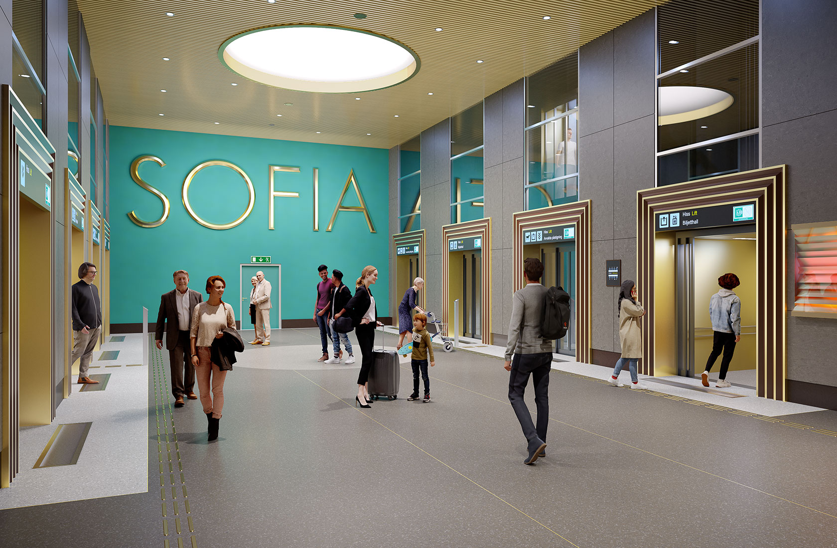 Visualization of the elevator hall for the new subway station Sofia with several people in motion.