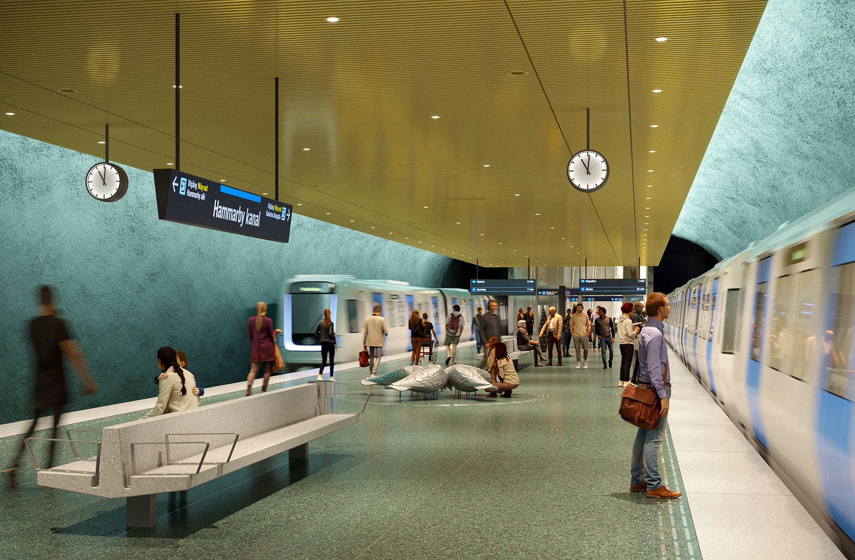Visualization of the new modern subway platform with subway trains arriving from both directions and a number of people on the platform.