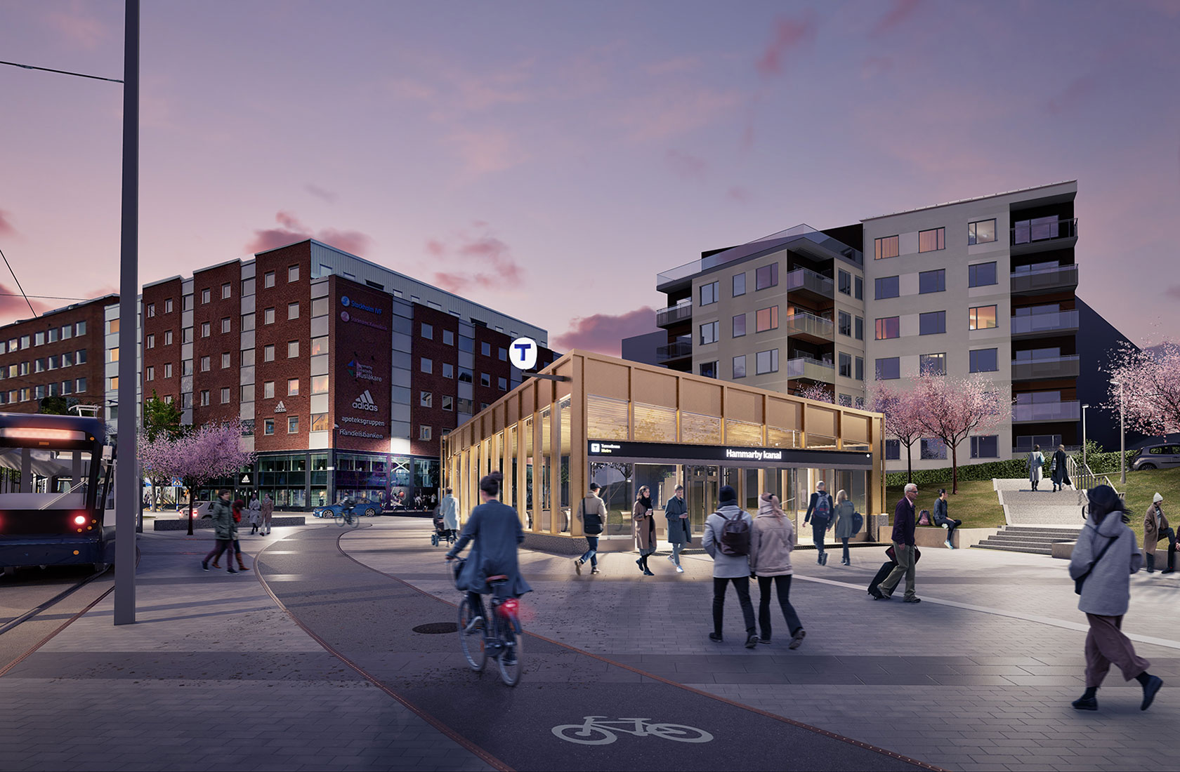 Visualization of a new subway exit for Hammarbykanal in an open area with residential buildings in the background and a tram beside it, along with many people in motion.