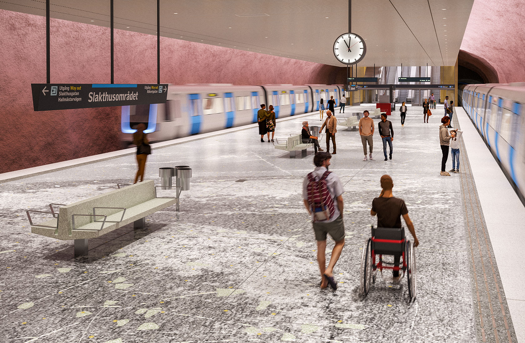 Visualization of the new modern subway platform with subway trains arriving from both directions and a number of people on the platform.