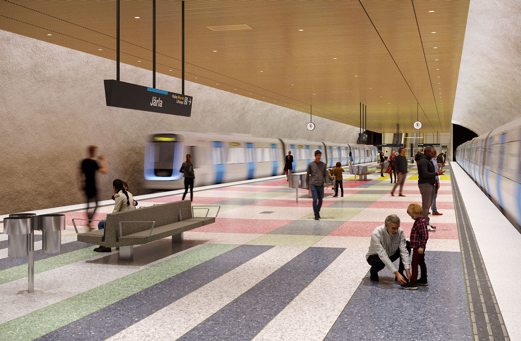 Visualization of the new modern subway platform with subway trains arriving from both directions and a number of people on the platform.
