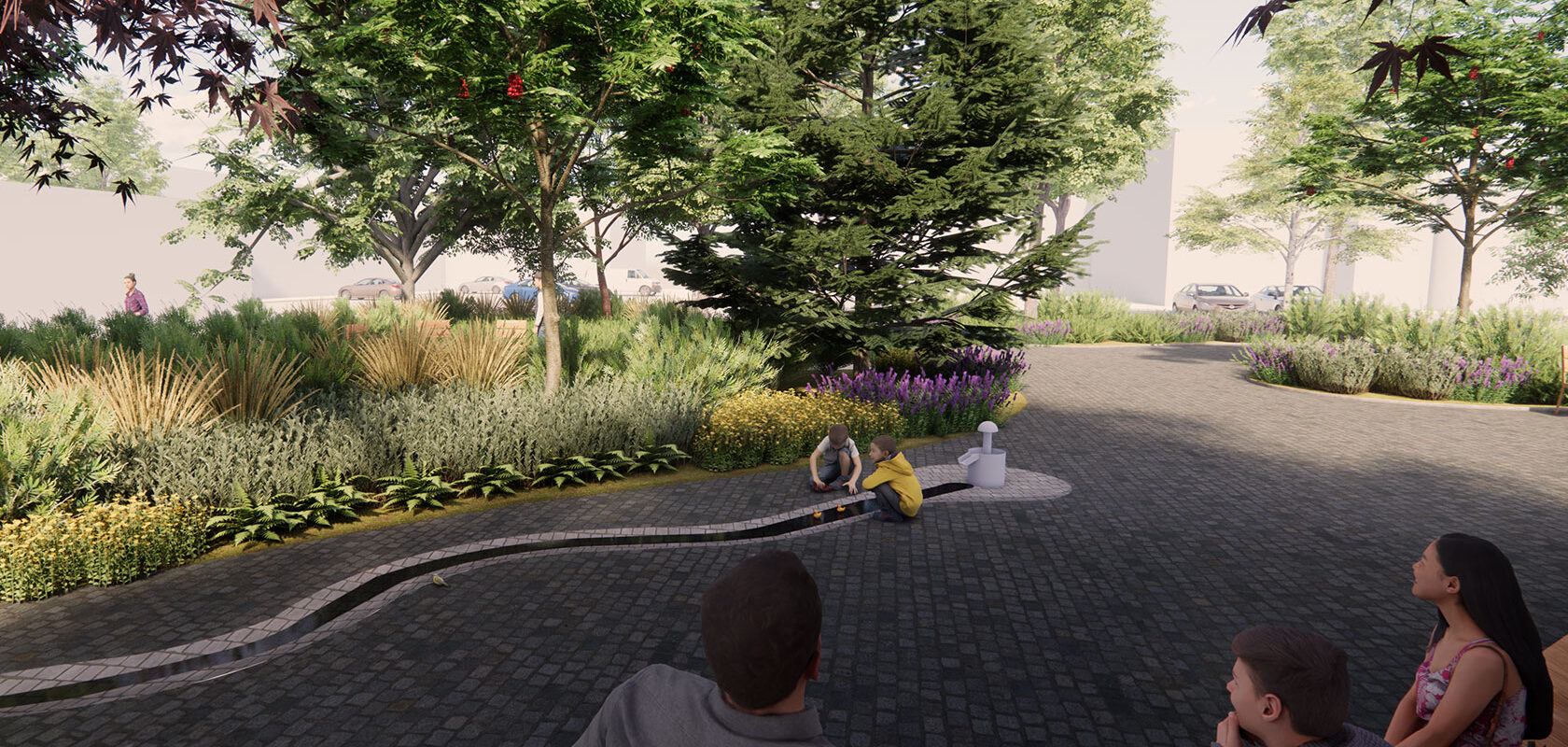 Visualization of some people sitting in an open area with large green spaces featuring planted trees and bushes.