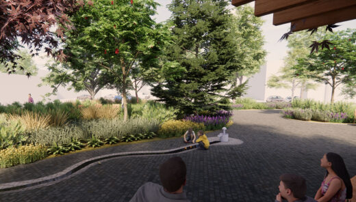Visualization of some people sitting in an open area with large green spaces featuring planted trees and bushes.