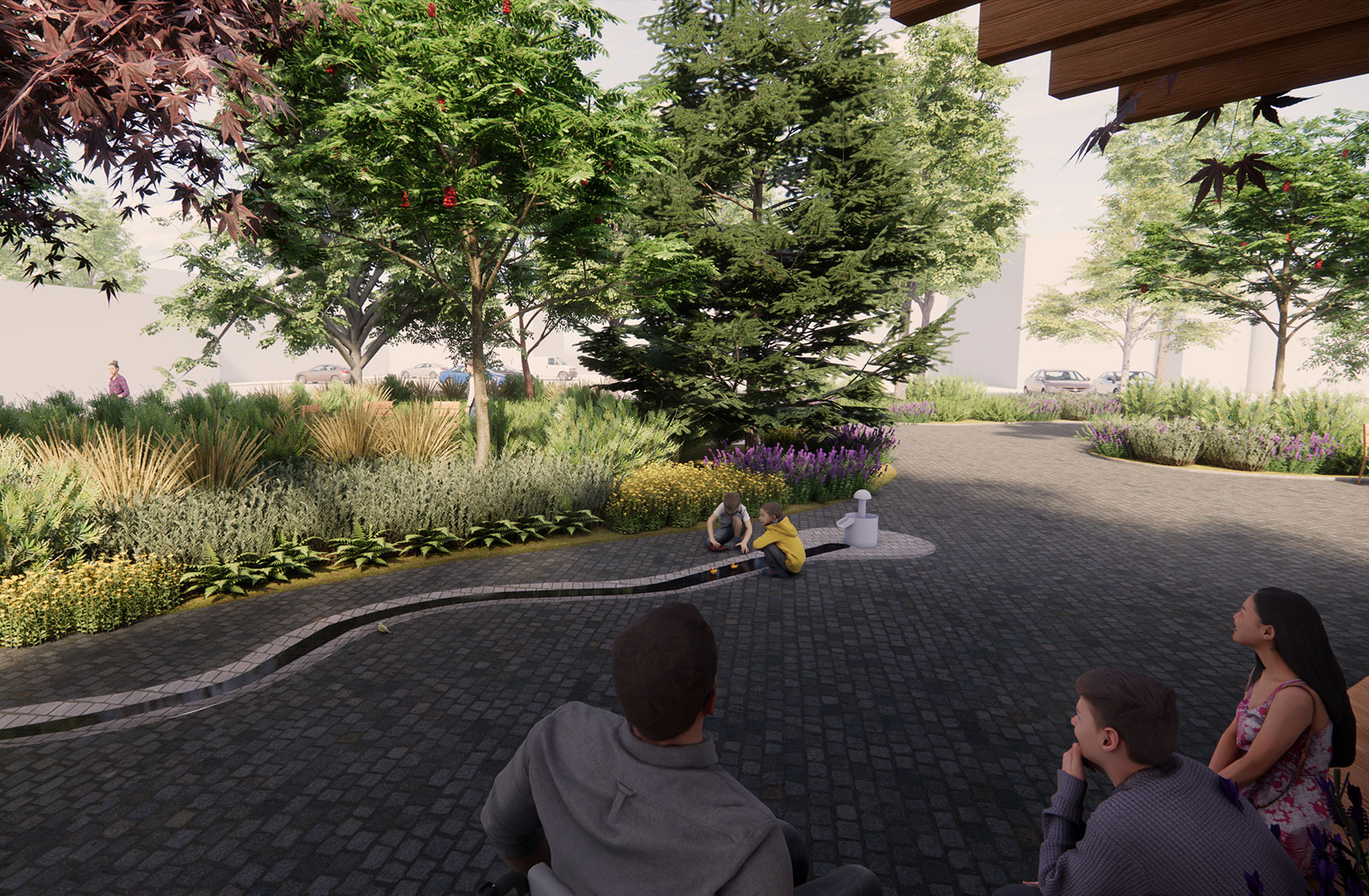 Visualization of some people sitting in an open area with large green spaces featuring planted trees and bushes.