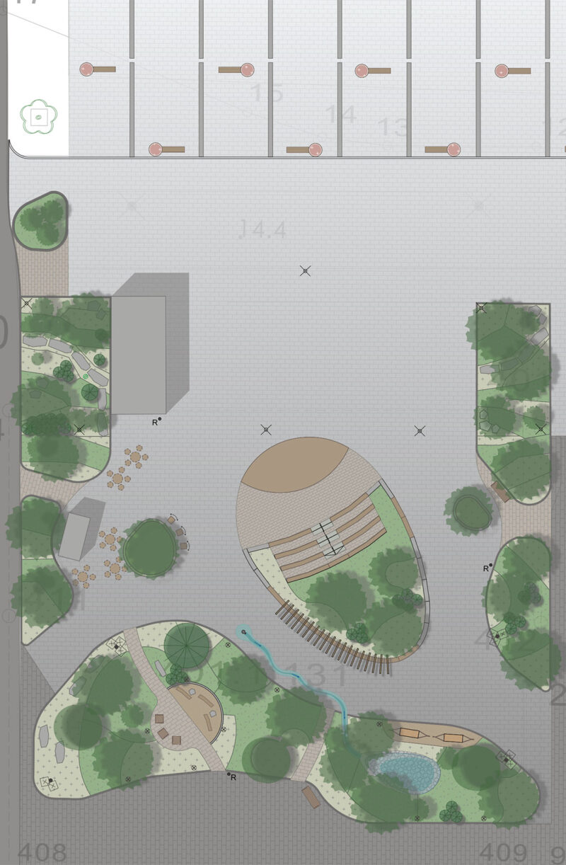Sketch of a square seen from above with lots of greenery and a stage with spectator seats.