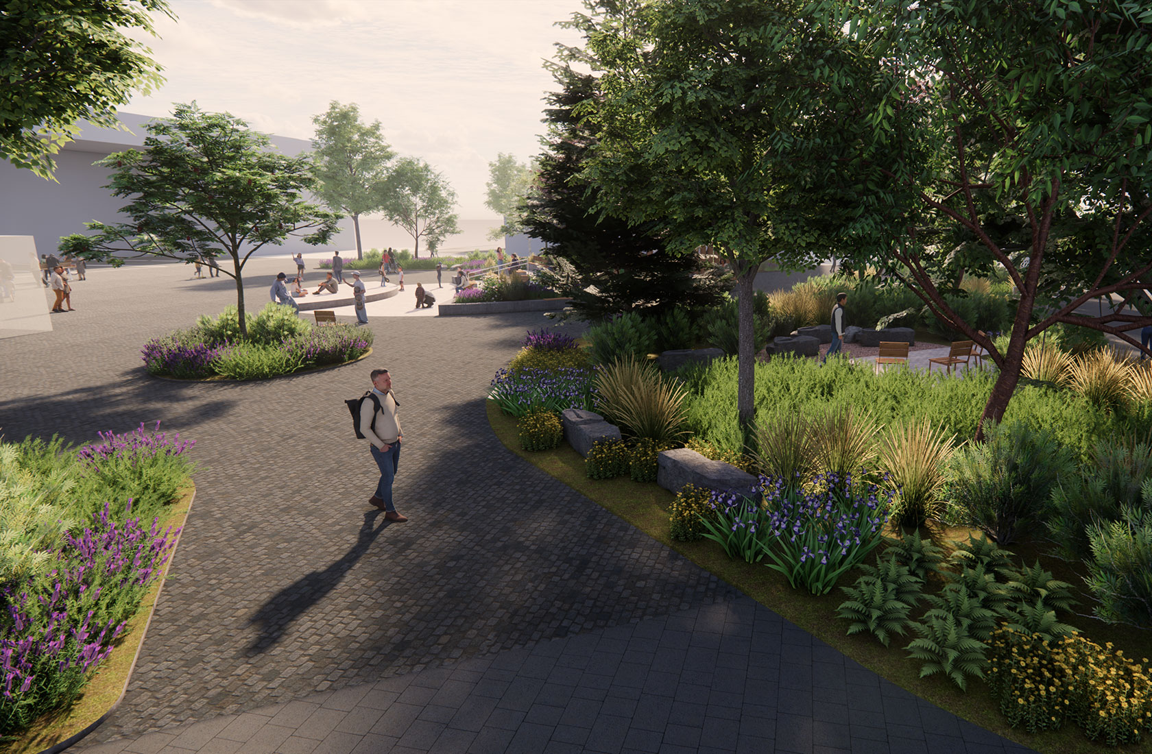 Visualization of a square-like area with several planted green spaces.