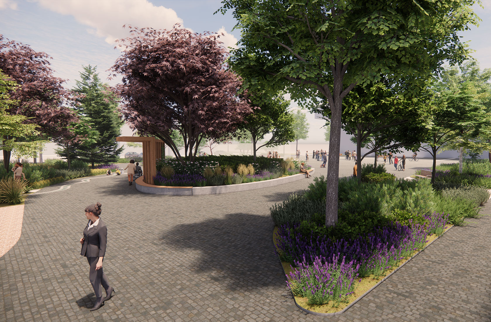 Visualization of an open area near a residential area with people and many green spaces in the background, including a stage.